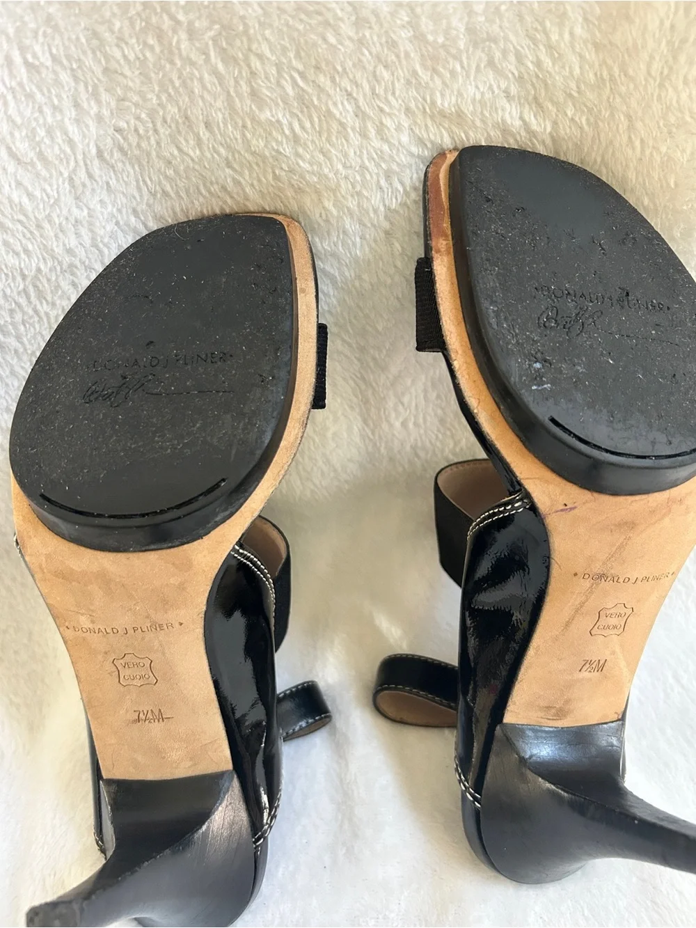 Donald J. Pliner Black Patent and Fabric Slingback Heels